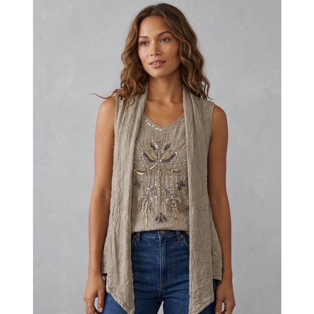 Fei Anthropologie Sheer Sequin Tie Top Sz M Taupe Boho‎ Fairy Whimsigoth 90s Y2K